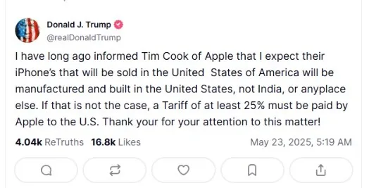 Trump exige a Apple fabricar sus iPhones en EE.UU. o enfrentará un arancel del 25 %