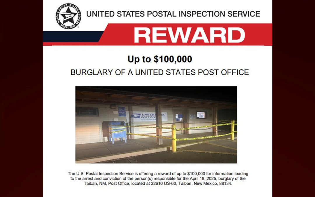 Ofrecen recompensa de $100,000 por datos sobre robo millonario en oficina postal de Nuevo México.