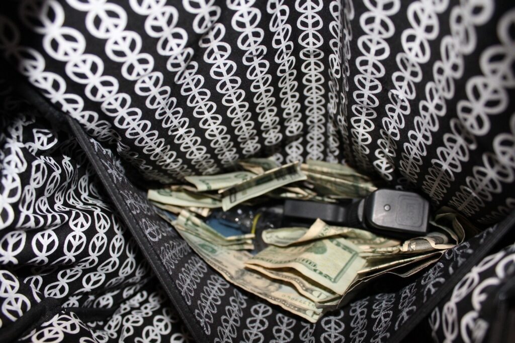 Bag containing scattered cash and a small black handgun.